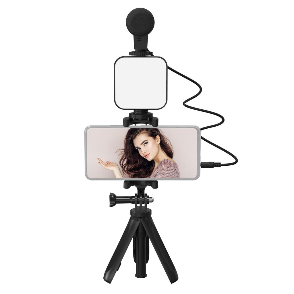 Smartphone Vlogging Kit Tripod Phone Holder + Microphone + Video Light + Clip + 3.5mm TRS to TRRS Audio Cable for Live