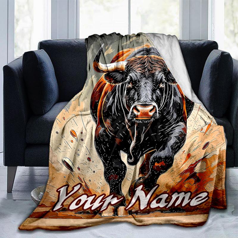 1PC Custom Name Bull Power Artwork flannel blanket versatile,all-season throw suitable for the living room,bedroom,camping,travel,and gift