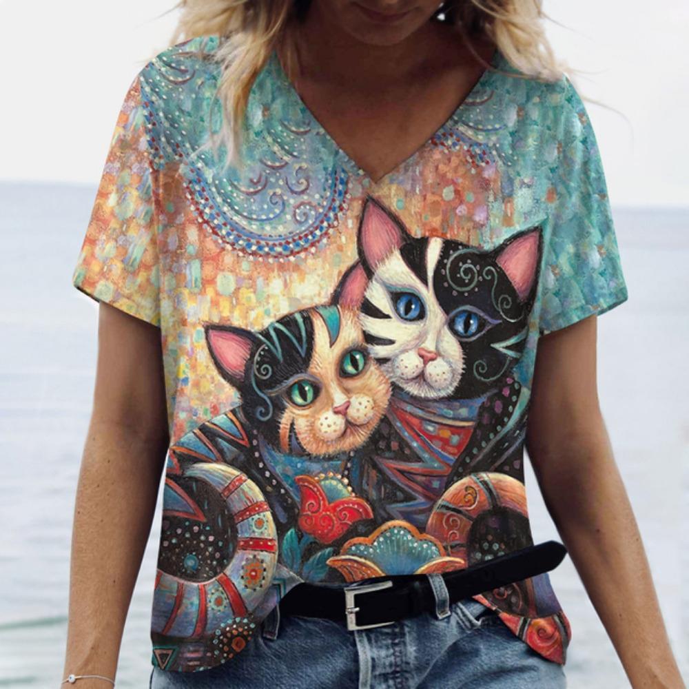 Summer Cartoon Cat Women's T Shirts Vintage Short Sleeve Tops Girls V-Neck Tees Female Clothing Oversized Pullover