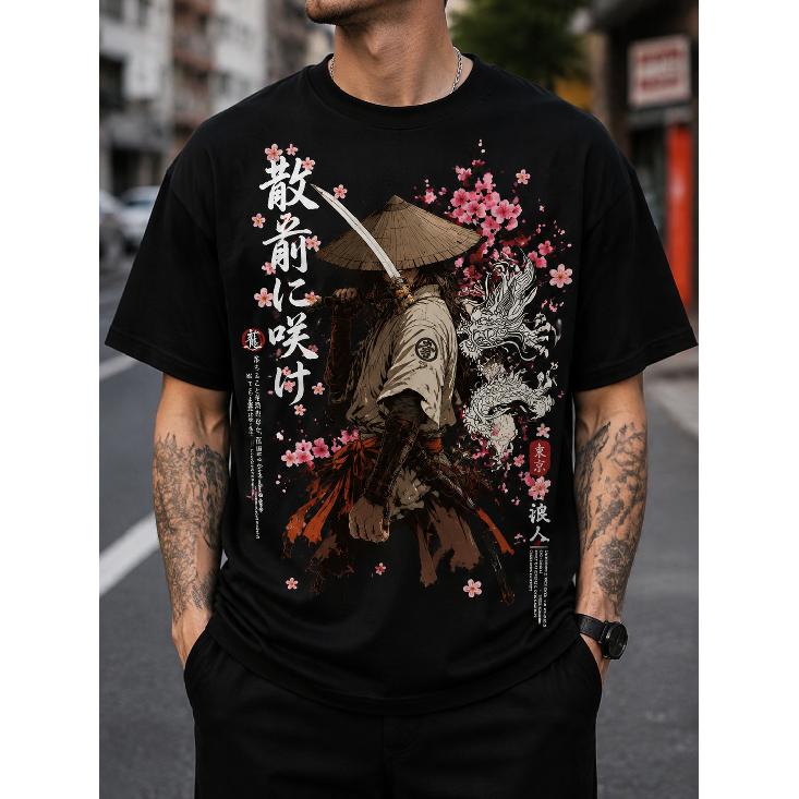 Men's Japanese Ronin Samurai Graphic T-Shirt Short Sleeve Crew Neck Streetwear Top With Cherry Blossom Dragon Art Print For Daily Wear