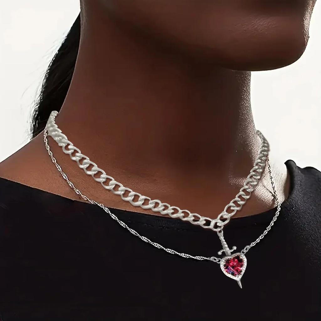 Can Be Assembled Heart and Sword Zircon Pendant Necklace for Women Men Couple Silver Gold Plated Choker Chain Jewelry