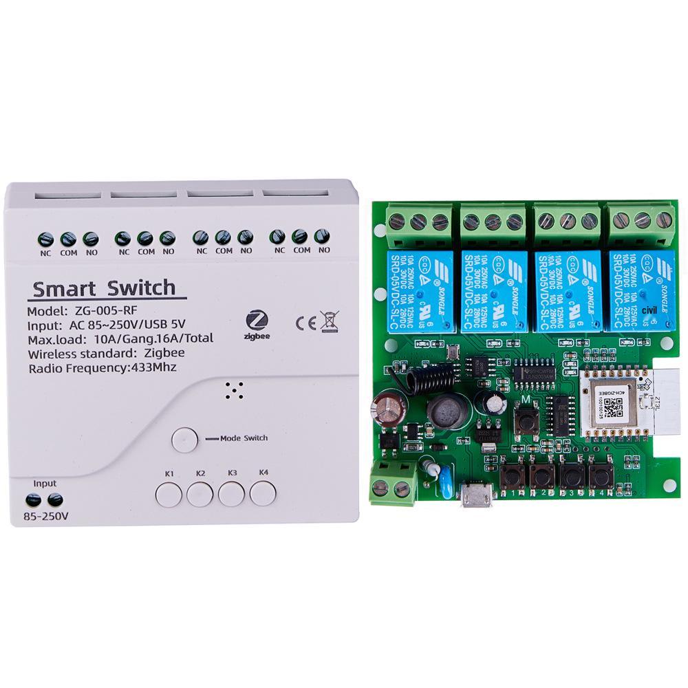 Zigbee 3.0 Tuya Умный 4-канальный релейный модуль: 12В/220В, Режим кратковременного включения, Блокировка, Самоудержание, Совместимость с RF433.