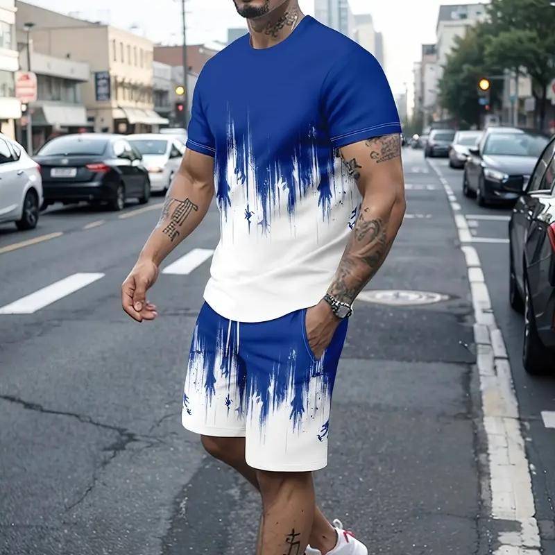 2021 летние новые мужские комплекты с 3D-печатью, футболка с круглым вырезом и принтом «Ночной вид», повседневные спортивные шорты для бега с короткими рукавами, модные шорты, костюм