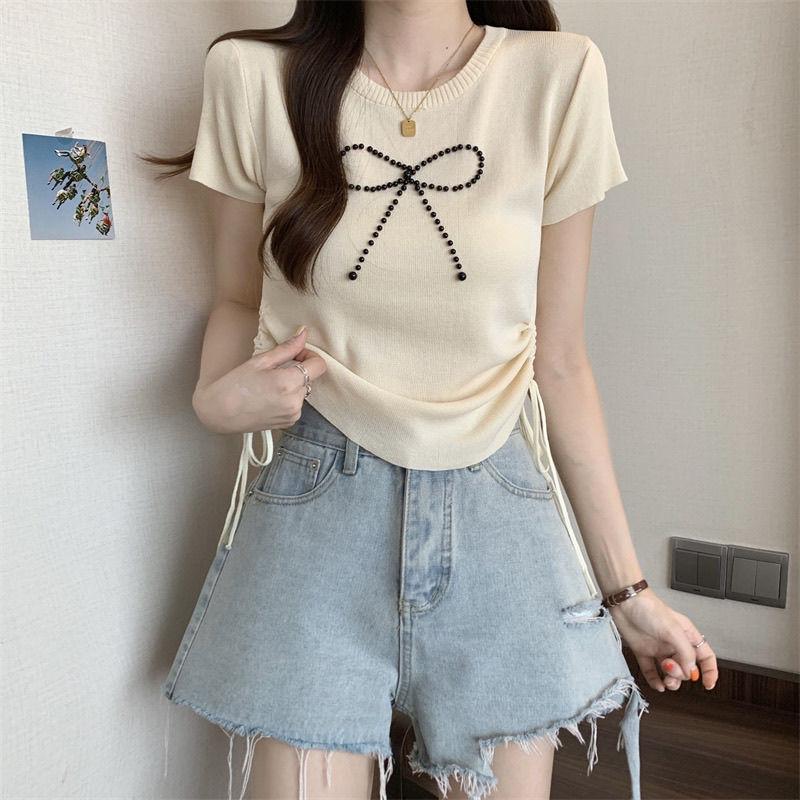 French Sweet Design with A Cinched Waist Knit Sweater Women's Summer Slim Fit Versatile Short Top