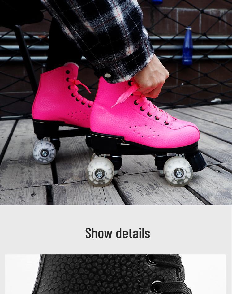 Розово-красные двухрядные роликовые коньки для взрослых с мигающими колесами - Кожаный стиль