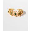 Copper Plated Real Gold Retro Court Style Engraved Lace Emerald Gemstone Inlaid Pearl Ring Female 127