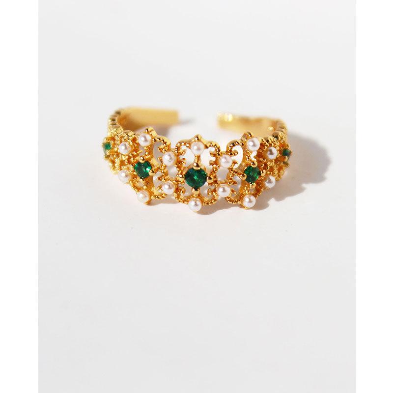 Copper Plated Real Gold Retro Court Style Engraved Lace Emerald Gemstone Inlaid Pearl Ring Female 127