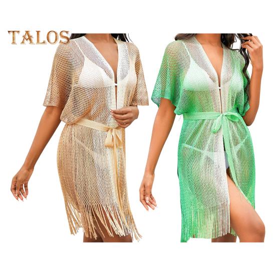 Женское пляжное платье с ажурной сеткой, на шнуровке, с ремешками, пляжная одежда с кисточками, градиентный цвет, накидка с длинным рукавом, защита от солнца, женский купальник-бикини