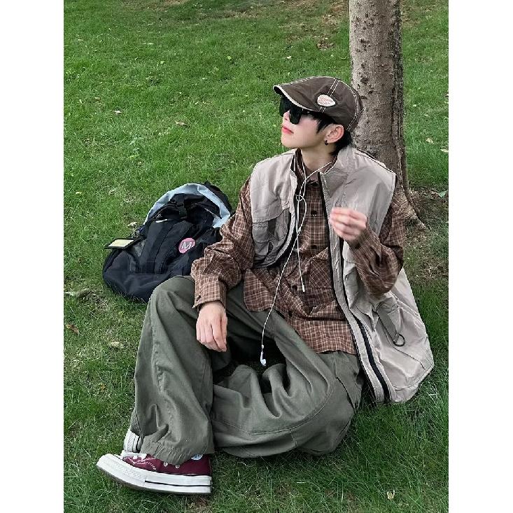 Рубашка в японском стиле в стиле ретро с большим карманом, с длинными рукавами, для мужчин и женщин, винтажная, с несколькими карманами, контрастного цвета, для пары, рубашка, пальто