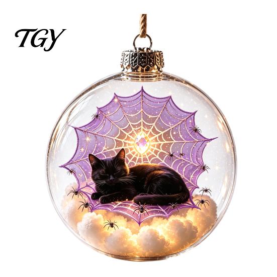 Outdoor Festive Party Supplies Halloween Glowing Sphere, Lighted Clear Ball Ornament, Cute Witch Bedroom Ceiling Ornament Cat, LED Hanging Decoration