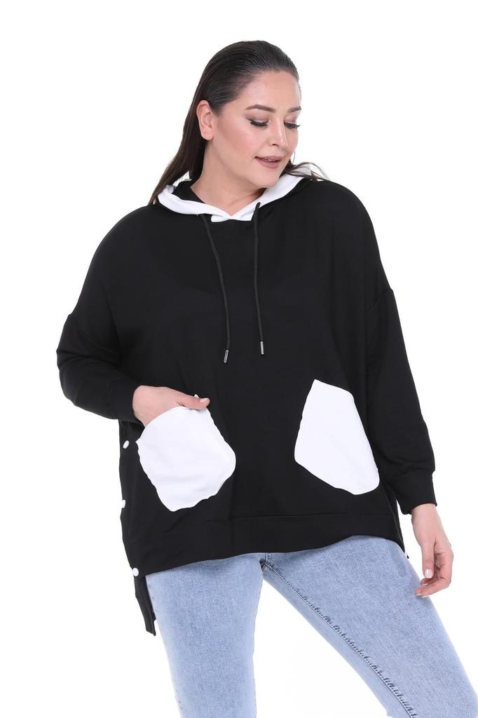 Women's Style Big Size Sweatshirt Large Size Extra Comfortable Fit Black Sweatshirt With Green Pocket Detail