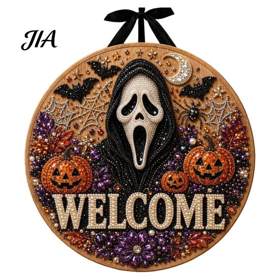 Halloween Entryway Hanging Sign Pearl Diamond Art Welcome Sign, 2D Flat Rhinestone Painting Craft Sparkling Faux Wall Decor Wooden Ornament, Ghost Cat