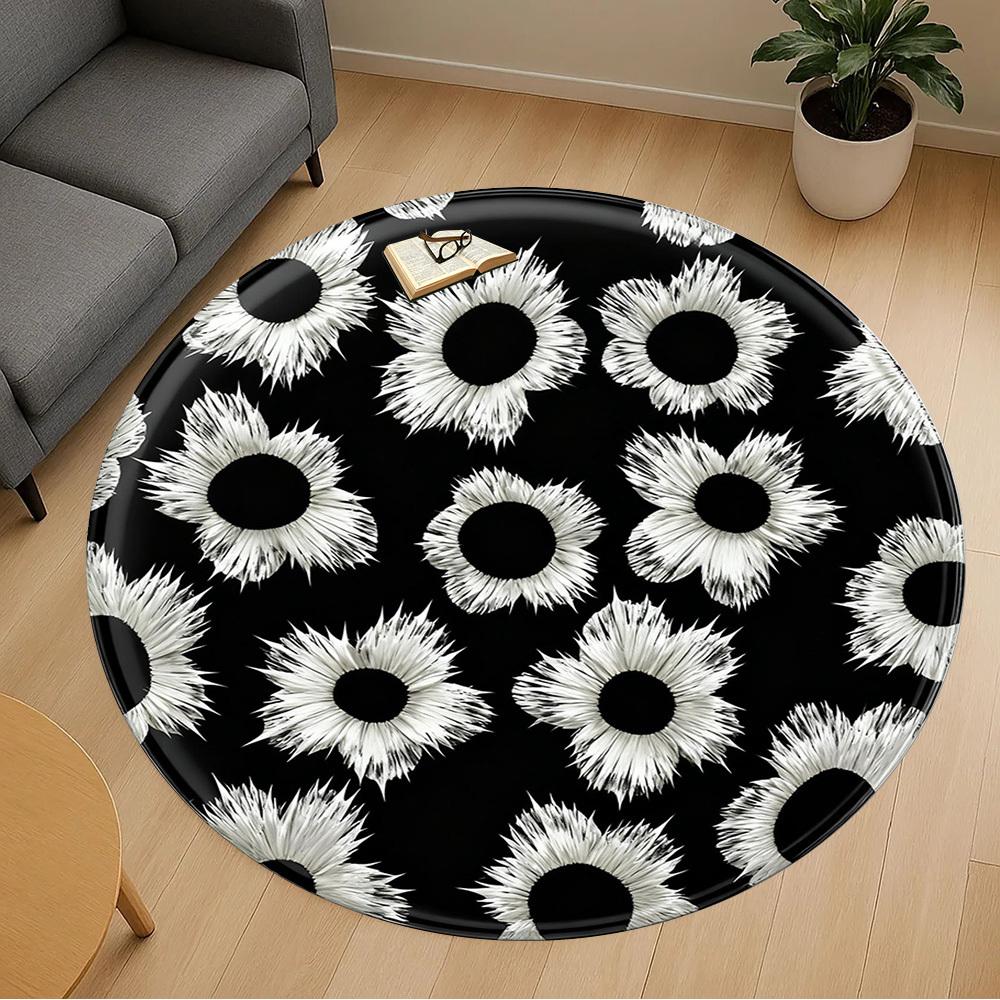 1 шт. Черно-белый цветочный узор Круглый коврик для стула Офисная ковровая дорожка - Нескользящий, Напольный коврик для офиса, спальни, Идеальный подарок для декора дома p0105048