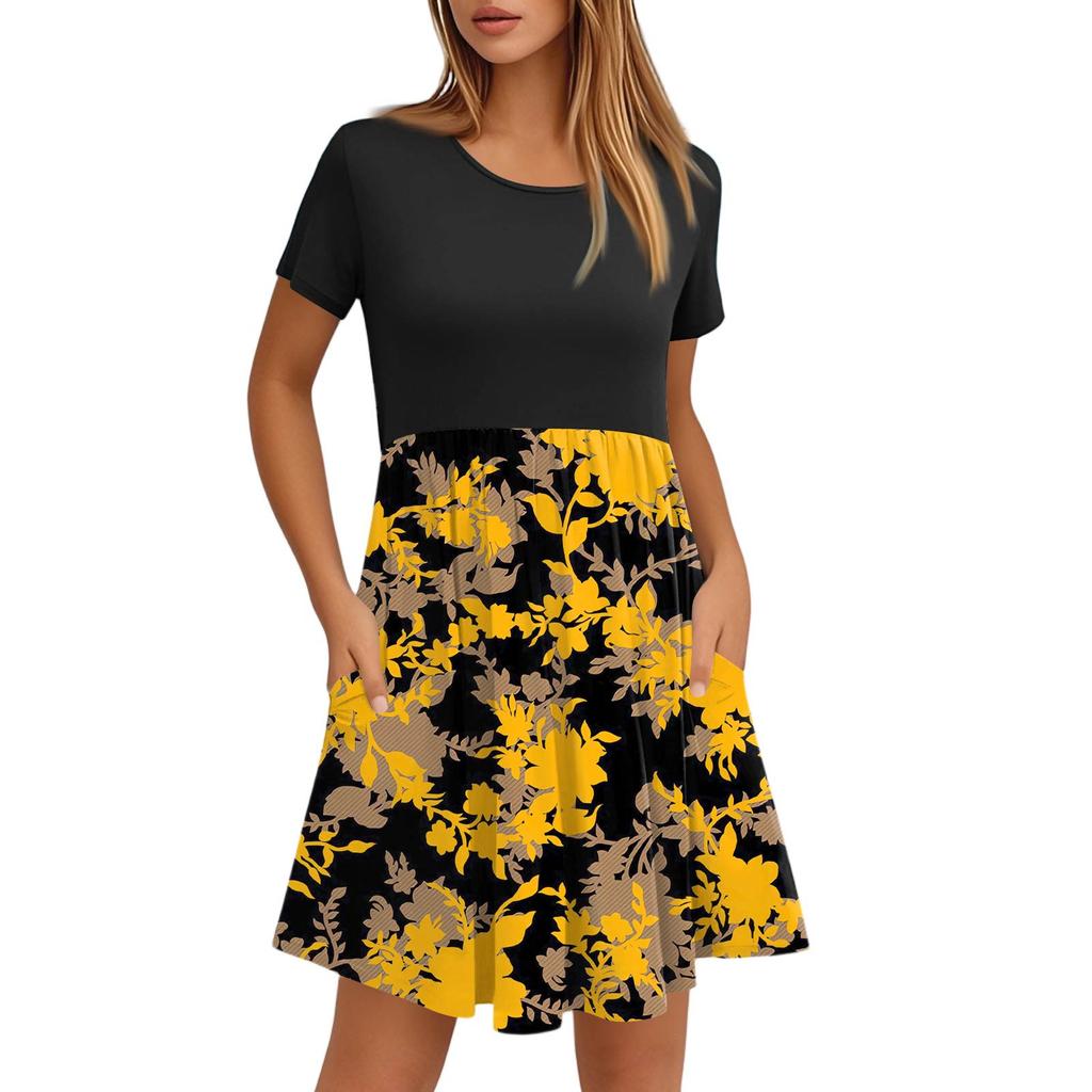 Женские модные повседневные свободные платья с круглым вырезом и коротким рукавом с принтом и карманами