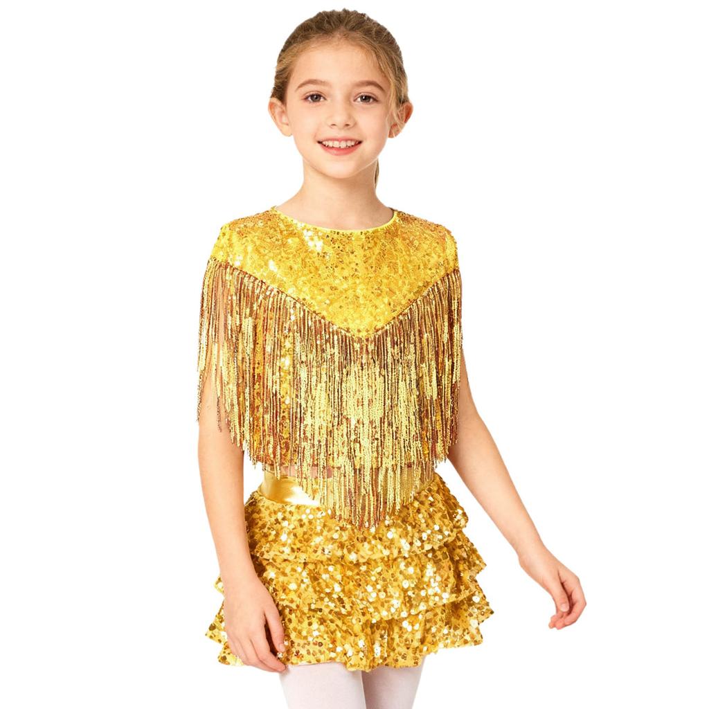 Complete 70s Disco Costume Set for Kids Girls: Shiny Metallic Top with Chest Tassels & Tiered Ruffle Shorts, 2-Piece Outfit