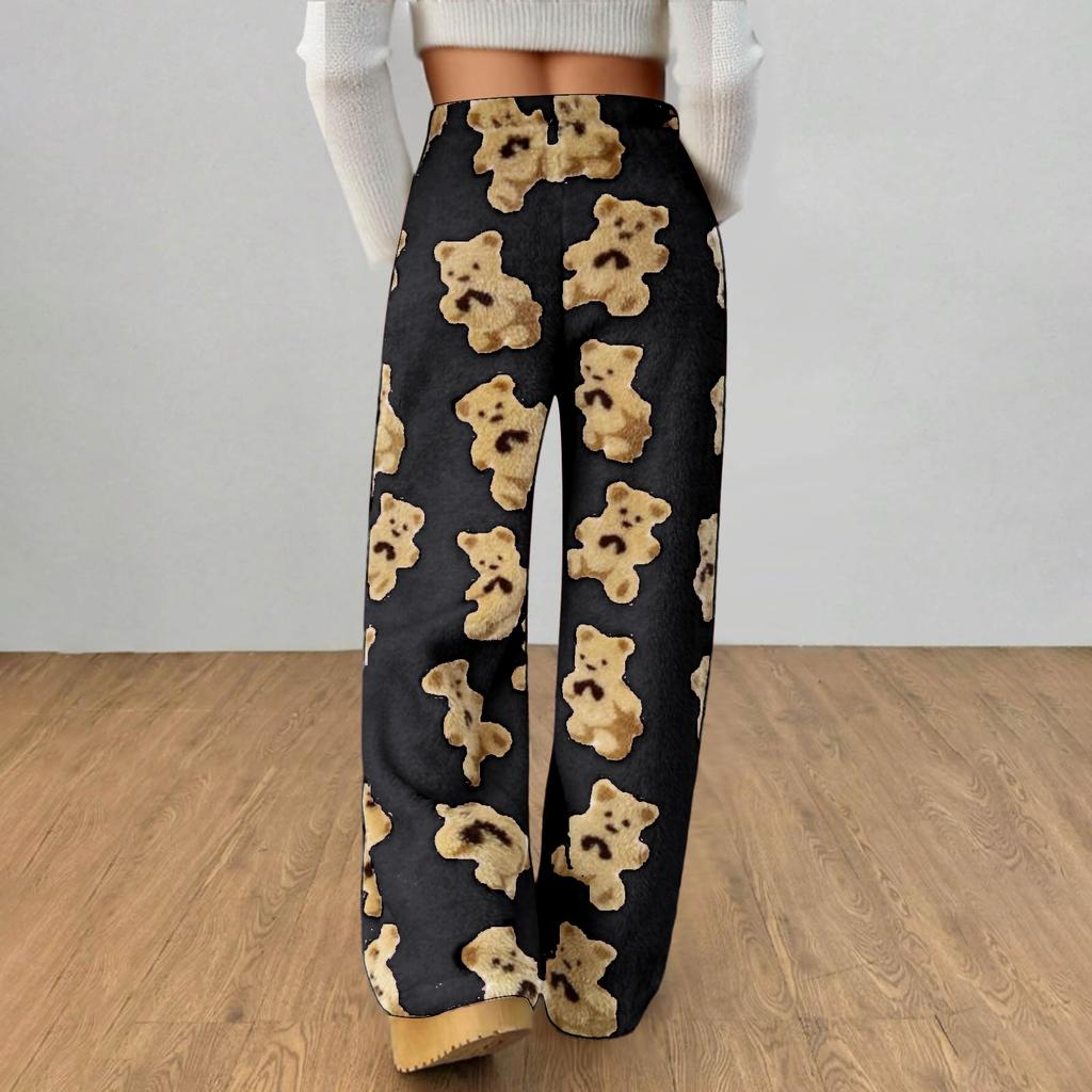 Женские милые плюшевые пижамные брюки с принтом медведя с карманом, широкие плюшевые повседневные брюки