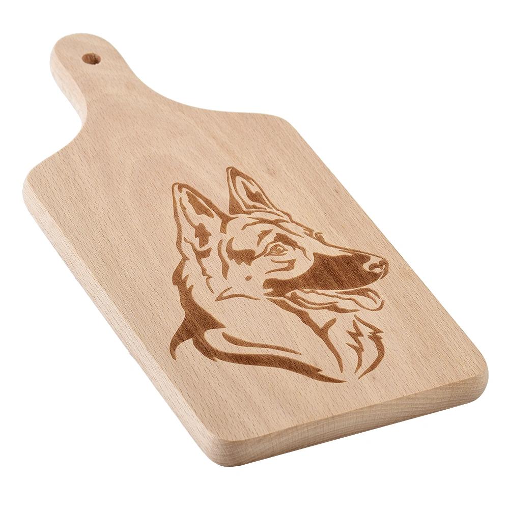Wooden chopping board with an engraved German shepherd