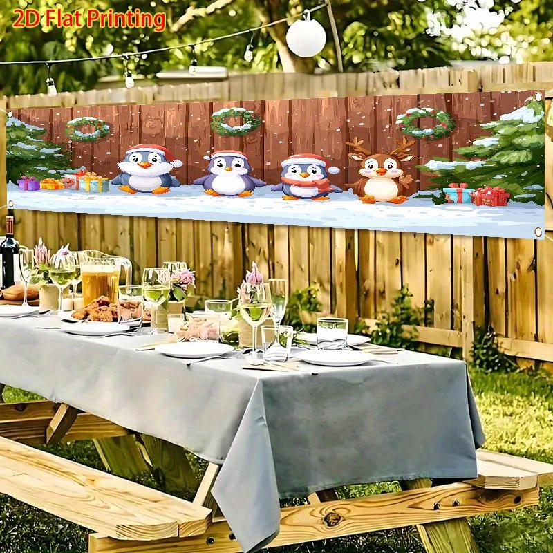 Winter Christmas Fence Banner, Row of Cute Penguins & Pine Trees Design, Polyester Outdoor Lawn Wall Festival Decoration