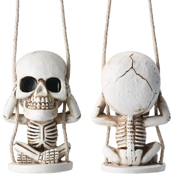 Skull Car Mirror Hanging Ornament with Christmas Hat Goth Auto Accessories for Men Women Swinging Skeleton Pendants Horror Things Spooky Charms Decor