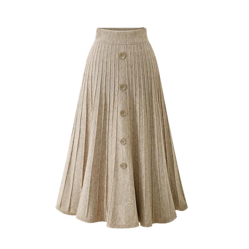 Mid-length Skirt for Women In Autumn and Winter New Loose Large Size Single-breasted A-line Large Swing Strip High Waist Knitted Pleated Skirt