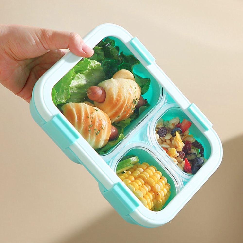 With Tableware Macaron Color Lunchbox with Tableware Leakproof Camping Food Container Compartment Plastic 3 Grid Lunchbox