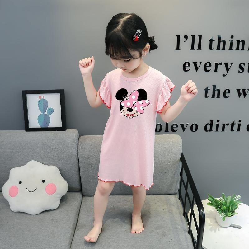 Girls Summer Ice Silk Short Sleeve Cartoon Nightgown Lightweight Pajama Dress for Toddlers and Kids