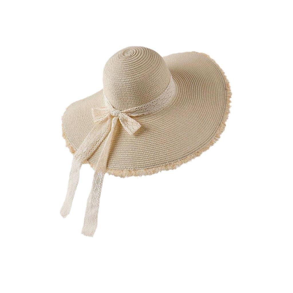 Lace Bow Straw Hat Women's Summer Seaside 2024 New Sunscreen Hat French Fashion Big Brim Sun Hat