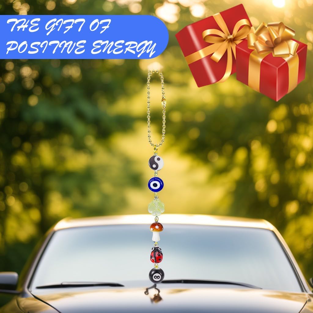Evil Eye Car Hanging Ornament,Good Lucky Days Car Charm,8 Ball Mushroom Four-Leaf Clover Pendant for Car Rear View Mirror,Cute Boho Evil Eye Ladybug