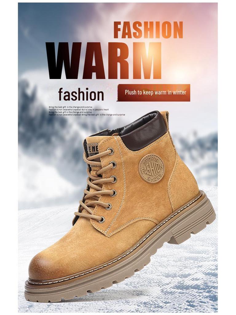 Мужские зимние ботинки Martin из натуральной кожи, толстая подошва, нескользящая, теплые, с бархатом, классического желтого цвета.