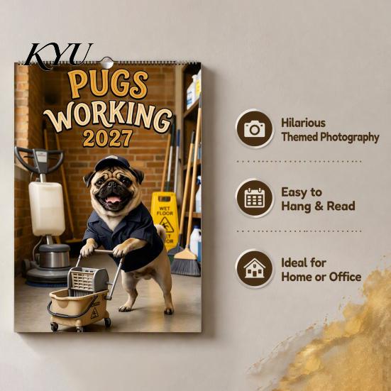 Home Study Room Decoration 2027 Pugs Working Wall Calendar, Funny Dog Hanging Calendar 12 Monthly Planner with Unique Illustrations for Office