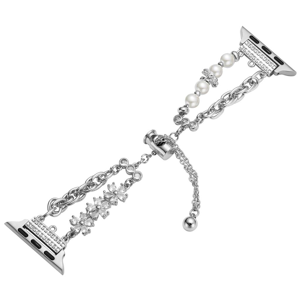 For Apple Watch Series 10 42mm/9 8 7 41mm/SE (2023) SE (2022) SE 6 5 4 40mm/3 2 1 38mm Pearl Flower Stainless Steel Bracelet Watch Strap