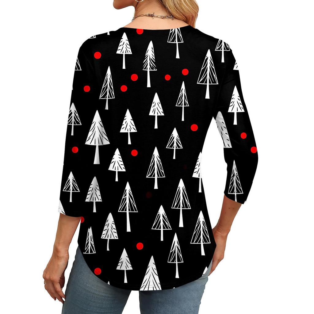 Women's Fashionable Round Neck 3/4 Sleeve Christmas Prints Casual Basic Pleated Pullover T-shirt Top