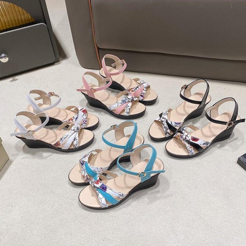 Сандалии летние новые женские сандалии женские на танкетке высоком каблуке с принтом с открытым носком с ремешком на щиколотке