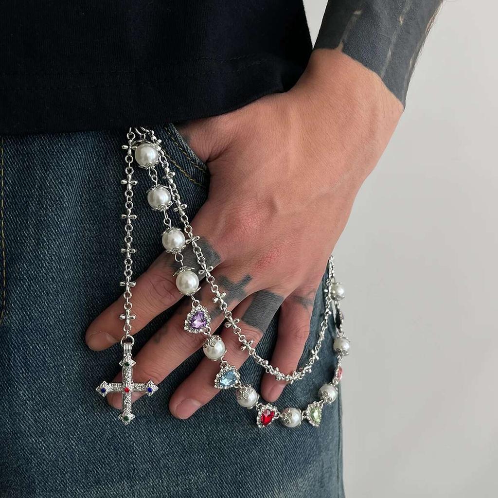 PuRui Double Layer Jesus Cross Pendant Jeans Pant Alloy Chain Men Fashion Love Heart Colorful Rhinestone Belt Chain Y2K Zircon