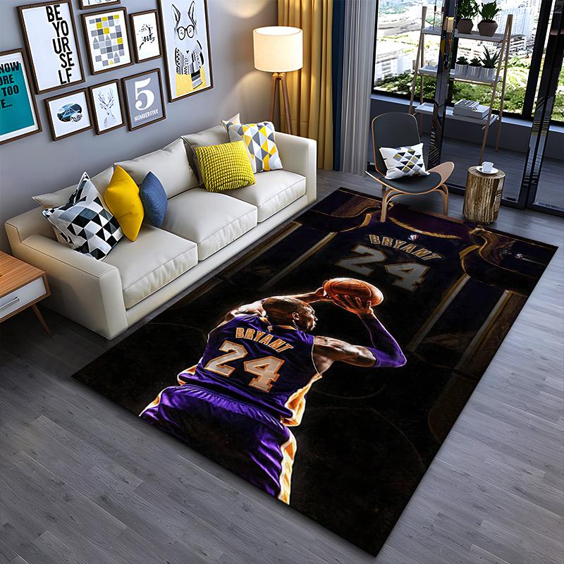 Sports Area Rug, Kobe Bryant Lakers Number 24 Purple Jersey Shooting Dark Purple Gold Print, Fan Decor, Non-Slip Mat