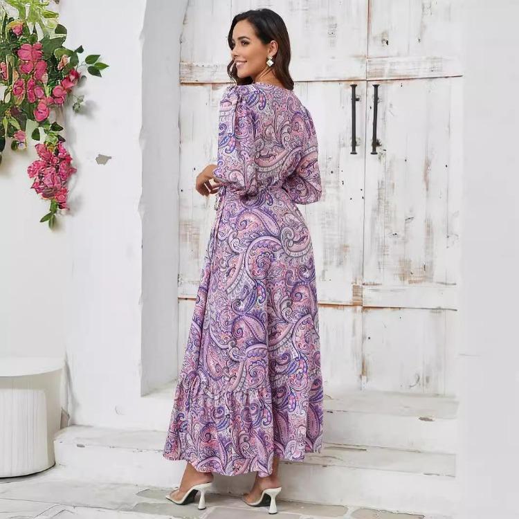 Summer Floral Print Women Dress V-Neck Casual A-Line High Waist Short Bubble Sleeve Straps Ankle-Length Slit Spring Dresses