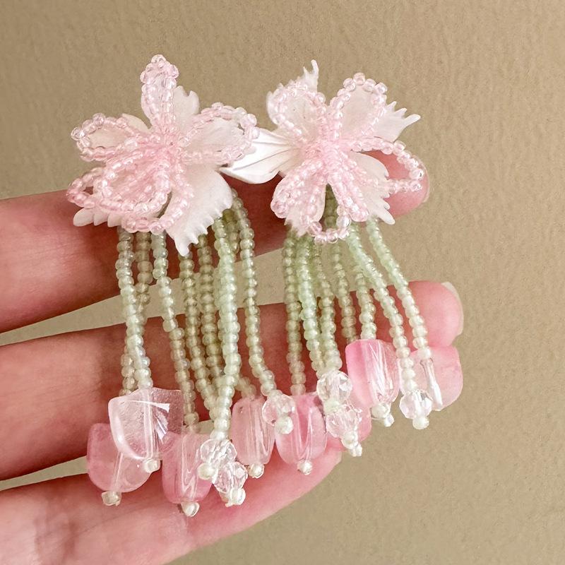 Small Fresh Sweet Pink Beaded Flower Tassel Earrings Mori Ins Style Super Fairy Atmospheric Smart Women Pierced Jewelry