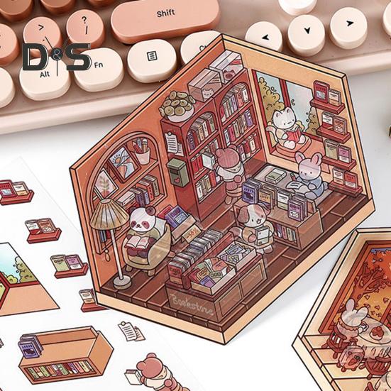 4 Set 3D DIY House Scene Stickers Stress Relief Decals Supermarket Coffee Shop Bookstore Sun Room Library Tear-resistant Surface Stickers