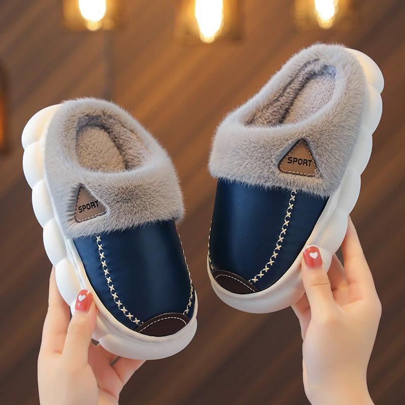 Детские тапочки из искусственной кожи, водонепроницаемые, с мягкой подошвой, противоскользящие, из флиса и хлопка