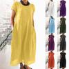 Women's Summer Casual Solid Color Short-sleeve O-neck Stitching Loose Pocket Cotton Linen Dress
