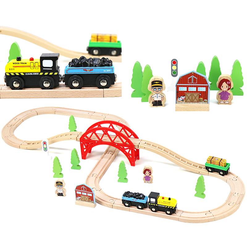 Детский деревянный набор для треков, Красный мост, 8 треков, магнитный поезд, сборка, комбинированная сцена, игрушки для мальчиков и девочек, подарок