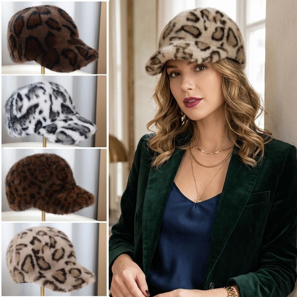 Adjustable Fit Faux Mink Cap Leopard Print Plush Hat Retro Baseball Cap Autumn Wear