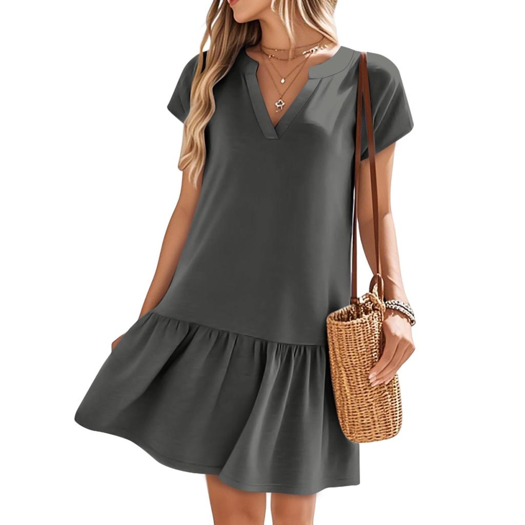 Women's Dresses Short Sleeve V-Neck Solid Color Loose Casual Temperament Beach Dresses