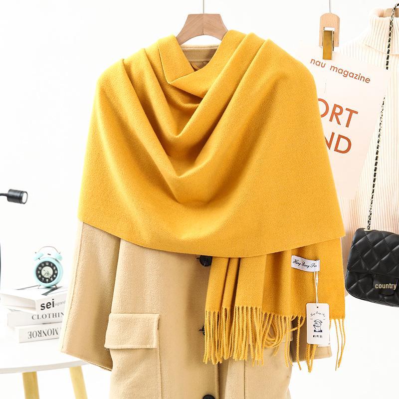 Women's Warm Wool-Feel Faux Cashmere Scarf - Thick, Plain Color Shawl for Autumn/Winter