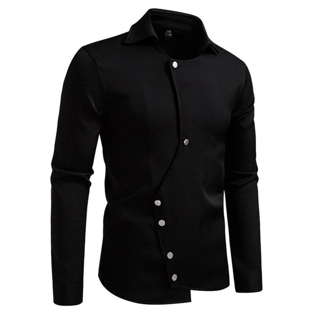 Men's Casual Solid-color Long-sleeved Shirt, Men's Slanted Front Button-down Lapel Shirt