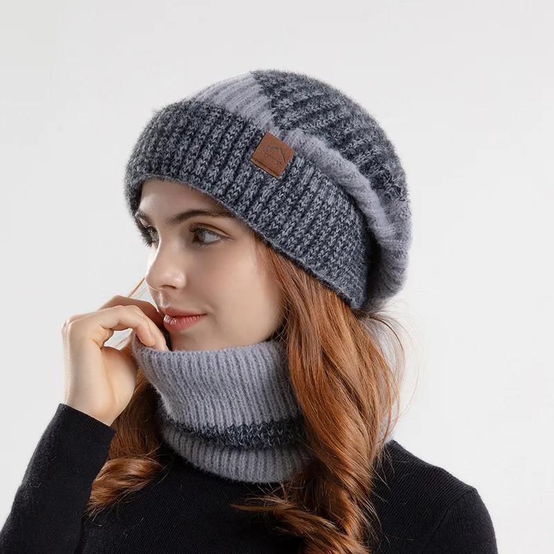 Winter 2pcs Hat Knitted Scarf Sets For Women Windproof Beanies Bonnet Thickened Plush Lining Neck Warmers Face Mask Pullover Cap Neck Protection Scarf