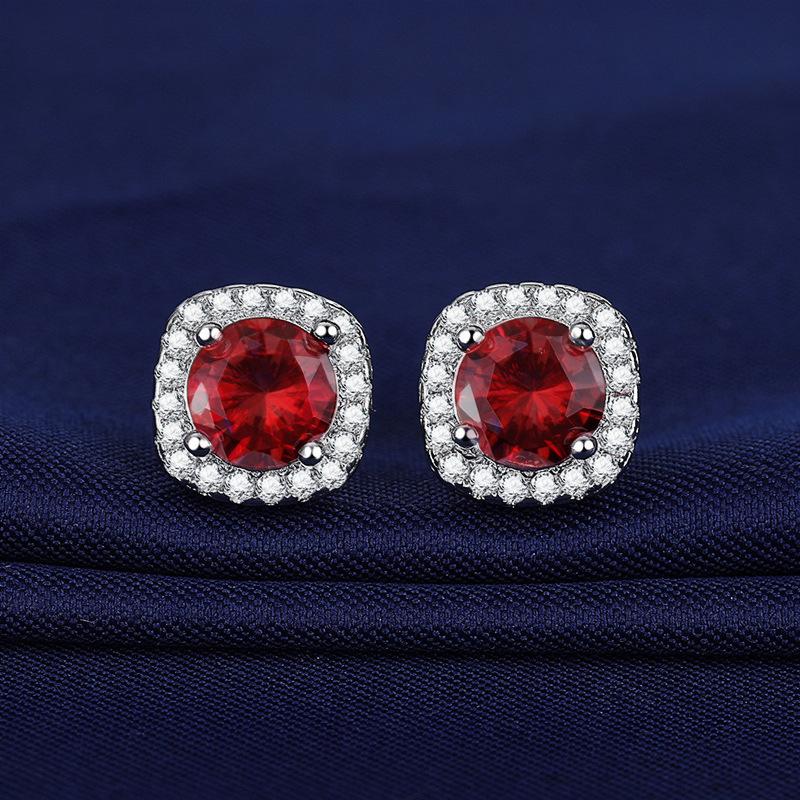 2026 Inlaid Zircon Square Bag Earrings Women's Fashion Versatile Red and Sapphire Square Earrings