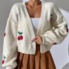 Women Autumn Cherry Embroidery Knitted Cardigan Elegant Long Sleeve Casual Loose Sweaters