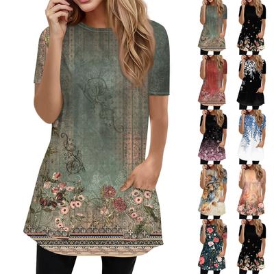 Жен. Футболка Футболка С принтом С короткими рукавами Повседневные Выходные Мода Классический Круглый вырез Карманы Обычный Топ