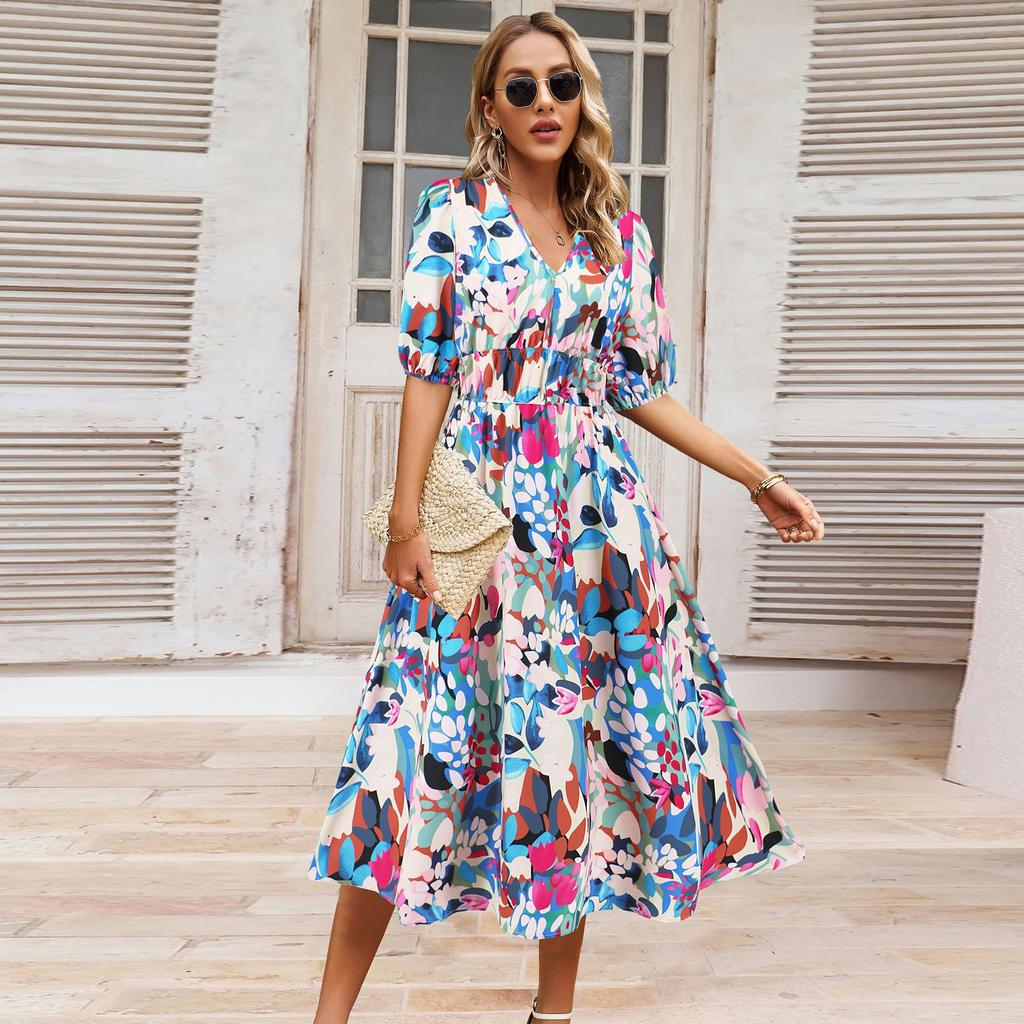 Summer Women's V-Neck Printed Dress A-Line Skirt